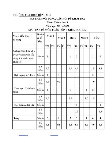 Kiểm tra giữa học kì 2 Toán Lớp 4 - Năm học 2021-2022 - Trường Tiểu học Hùng Sơn (Có ma trận và đáp án)