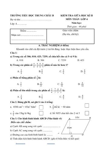 Kiểm tra giữa học kì 2 Toán Lớp 4 - Năm học 2021-2022 - Trường Tiểu học Trung Châu B (Có đáp án và thang điểm)