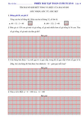 Phiếu bài tập cuối tuần Toán Lớp 4 - Tuần 8
