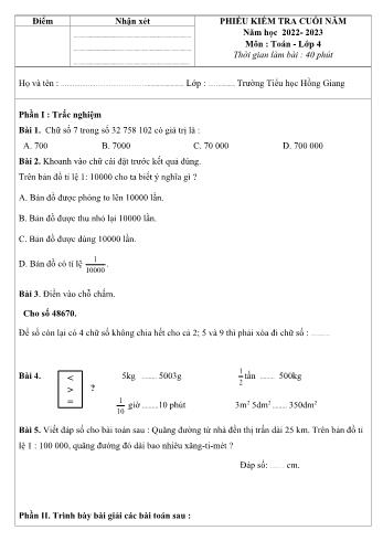 Phiếu kiểm tra cuối năm Toán Lớp 4 - Năm học 2022-2023 (Có ma trận và hướng dẫn chấm)