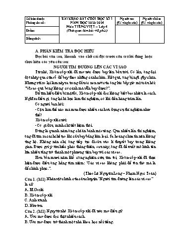 Bài khảo sát cuối học kì I môn Tiếng Việt Lớp 4 - Năm học 2023-2024 (Có đáp án)