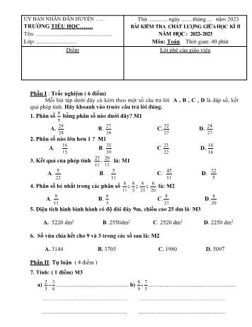 Bài kiểm tra chất lượng giữa học kì II môn Toán Lớp 4 - Năm học 2022-2023 (Có đáp án)