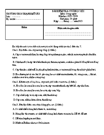 Bài kiểm tra cuối học kì I môn Công nghệ Lớp 4 Sách Kết nối tri thức với cuộc sống - Năm học 2023-2024 - Trường Tiểu học B Thạch Mỹ Tây (Có đáp án)