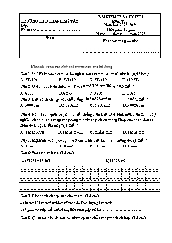 Bài kiểm tra cuối kì I môn Toán Lớp 4 Sách Kết nối tri thức với cuộc sống - Năm học 2023-2024 - Trường Tiểu học B Thạch Mỹ Tây (Có đáp án)