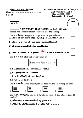Bài kiểm tra định kì cuối học kì I môn Tin học Lớp 4 - Năm học 2022-2023 - Trường Tiểu học Ái Mộ B (Có đáp án)