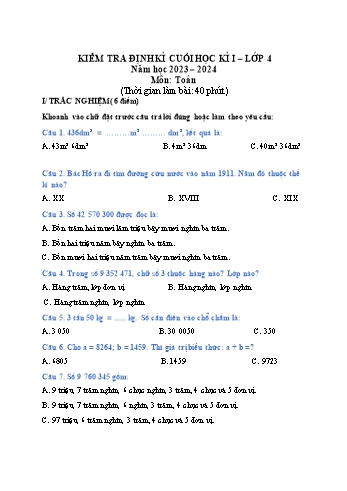 Bài kiểm tra định kì cuối học kì I môn Toán Lớp 4 (Sách Kết nối tri thức với cuộc sống - Năm học 2023-2024 (Có đáp án)