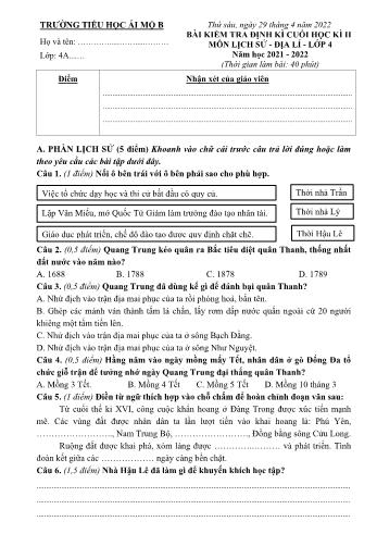 Bài kiểm tra định kì cuối học kì II môn Lịch sử & Địa lí Lớp 4 Sách Cánh diều - Năm học 2021-2022 - Trường Tiểu học Ái Mộ B (Có đáp án)