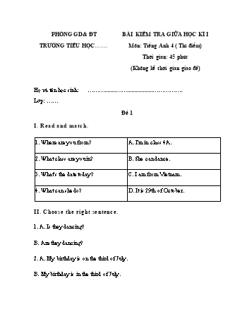 Bài kiểm tra giữa học kì I môn Tiếng Anh Lớp 4 Thí điểm (Có đáp án)