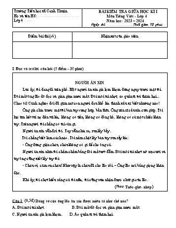 Bài kiểm tra giữa học kì I môn Tiếng Việt Lớp 4 - Năm học 2023-2024 - Trường Tiểu học xã Canh Thuận (Có đáp án)