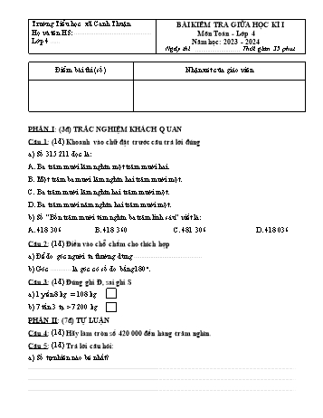 Bài kiểm tra giữa học kì I môn Toán Lớp 4 - Năm học 2023-2024 - Trường Tiểu học Canh Thuận (Có đáp án)