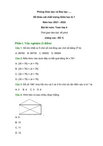 Bộ 5 đề khảo sát chất lượng giữa học kì 1 môn Toán Lớp 4 - Năm học 2021-2022 (Có đáp án)