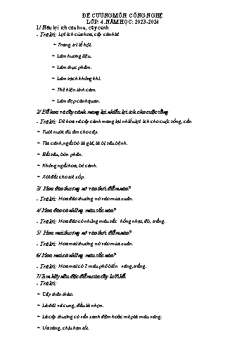 Đề cương ôn tập học kì 1 môn Công nghệ Lớp 4 Sách Kết nối tri thức với cuộc sống - Năm học 2023-2024 (Có đáp án)