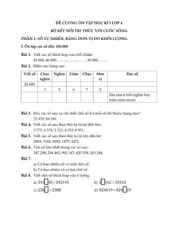 Đề cương ôn tập học kì I môn Toán Lớp 4 Sách Kết nối tri thức với cuộc sống (Có đáp án)