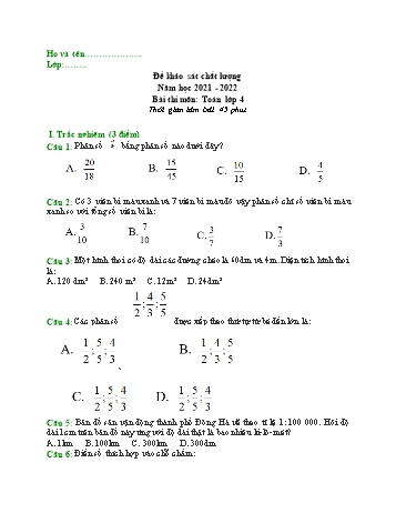 Đề khảo sát chất lượng môn Toán Lớp 4 - Năm học 2021-2022 (Có đáp án)