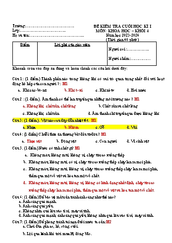 Đề kiểm tra cuối học kì I môn Khoa học Lớp 4 Sách Kết nối tri thức với cuộc sống - Năm học 2023-2024 - Đề 1 (Có đáp án)