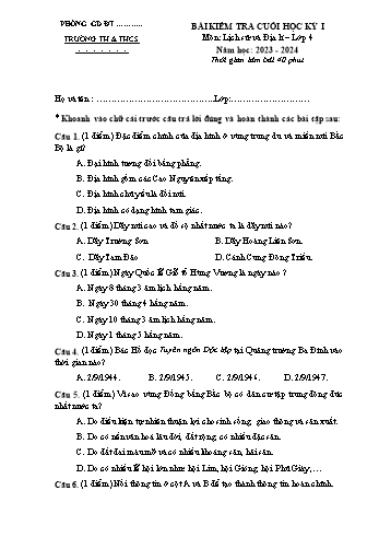 Đề kiểm tra cuối học kỳ I môn Lịch sử & Địa lí Lớp 4 Sách Cánh diều - Năm học 2023-2024 (Có đáp án)