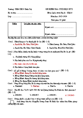 Đề kiểm tra cuối học kỳ I môn Lịch sử & Địa lí Lớp 4 Sách Kết nối tri thức - Năm học 2023-2024 - Trường TH& THCS Bình Trị - Đề 1 (Có đáp án)