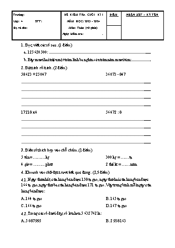 Đề kiểm tra cuối kì I môn Toán Lớp 4 - Năm học 2023-2024 - Đề 1 (Có đáp án)