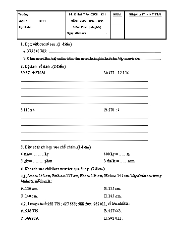 Đề kiểm tra cuối kì I môn Toán Lớp 4 - Năm học 2023-2024 - Đề 4 (Có đáp án)