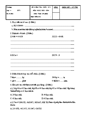 Đề kiểm tra cuối kì I môn Toán Lớp 4 - Năm học 2023-2024 - Đề 5 (Có đáp án)