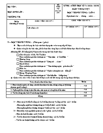 Đề kiểm tra định kì cuối học kì I môn Tiếng Việt Lớp 4 - Năm học 2023-2024 (Có đáp án)