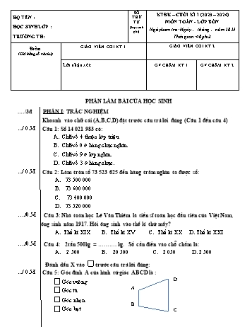 Đề kiểm tra định kì cuối kì I môn Toán Lớp 4 Sách Kết nối tri thức với cuộc sống - Năm học 2023-2024 (Có đáp án)