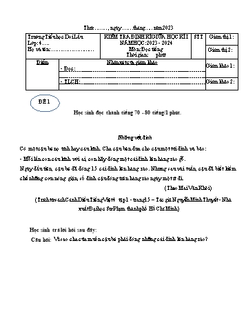 Đề kiểm tra định kì giữa học kì I môn Tiếng Việt Lớp 4 (Phần Đọc thành tiếng) - Năm học 2023-2024 - Trường Tiểu học Doi Lầu (Có đáp án)