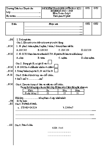 Đề kiểm tra định kì giữa học kì I môn Toán Lớp 4 - Năm học 2023-2024 - Trường Tiểu học Thạch An (Có ma trận + đáp án)