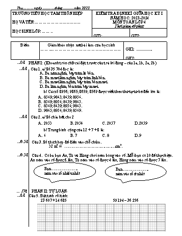 Đề kiểm tra định kì giữa học kỳ I môn Toán Lớp 4 - Năm học 2023-2024 - Trường Tiểu học Tam Thôn Hiệp (Có đáp án)