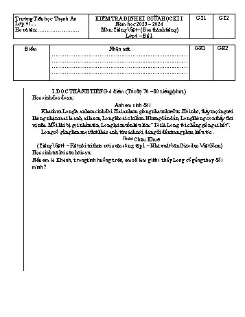 Đề kiểm tra định kỳ giữa học kì I môn Tiếng Việt Lớp 4 (Phần Đọc thành tiếng) - Năm học 2023-2024 - Trường Tiểu học Thạch An (Có ma trận + đáp án)