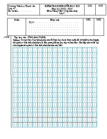 Đề kiểm tra định kỳ giữa học kì I môn Tiếng Việt Lớp 4 (Phần Tập làm văn) - Năm học 2023-2024 - Trường Tiểu học Thạch An (Có ma trận + đáp án)
