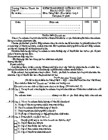 Đề kiểm tra định kỳ giữa học kì I môn Tiếng Việt Lớp 4 (Phần Đọc hiểu) - Năm học 2023-2024 - Trường Tiểu học Thạch An (Có ma trận + đáp án)