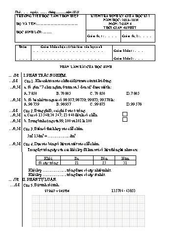 Đề kiểm tra định kỳ giữa học kì I môn Toán Lớp 4 - Năm học 2023-2024 - Trường Tiểu học Tam Thôn Hiệp (Có đáp án)