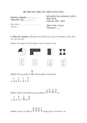 Đề kiểm tra định kỳ giữa học kì II môn Toán Lớp 4 - Năm học 2021-2022