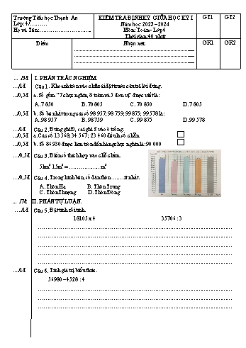 Đề kiểm tra định kỳ giữa học kỳ I môn Toán Lớp 4 - Năm học 2023-2024 - Trường Tiểu học Thạch An (Có ma trận + đáp án)
