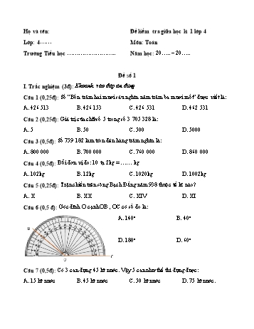 Đề kiểm tra giữa học kì 1 môn Toán Lớp 4 Sách Cánh diều - Đề số 1