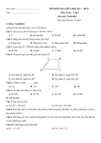 Đề kiểm tra giữa học kì 1 môn Toán Lớp 4 Sách Cánh diều - Đề số 8 (Có đáp án)