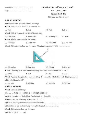 Đề kiểm tra giữa học kì 1 môn Toán Lớp 4 Sách Cánh diều - Đề số 2 (Có đáp án)