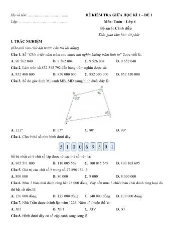 Đề kiểm tra giữa học kì 1 môn Toán Lớp 4 Sách Cánh diều - Đề số 1 (Có đáp án)