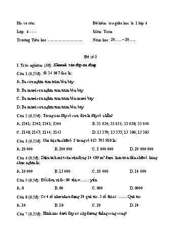 Đề kiểm tra giữa học kì 1 môn Toán Lớp 4 Sách Cánh diều - Đề số 3