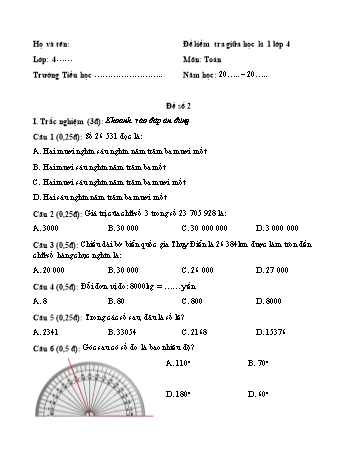 Đề kiểm tra giữa học kì 1 môn Toán Lớp 4 Sách Cánh diều - Đề số 2