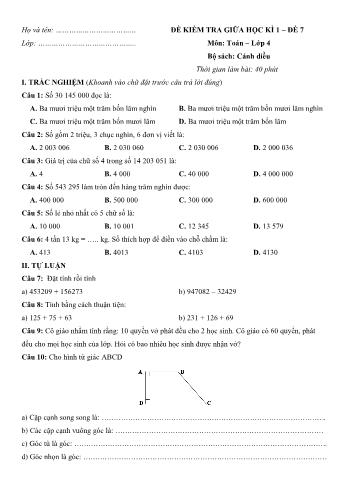 Đề kiểm tra giữa học kì 1 môn Toán Lớp 4 Sách Cánh diều - Đề số 7 (Có đáp án)