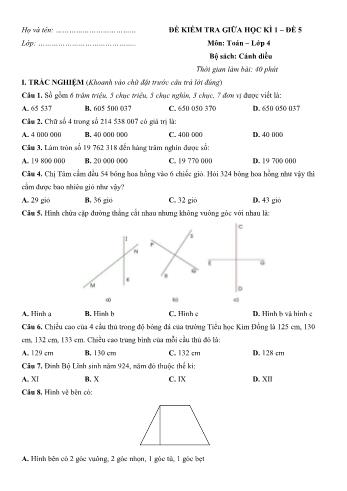 Đề kiểm tra giữa học kì 1 môn Toán Lớp 4 Sách Cánh diều - Đề số 5 (Có đáp án)