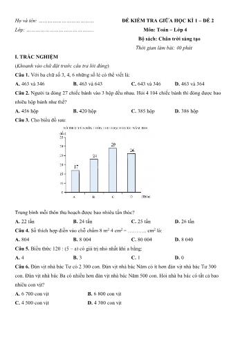 Đề kiểm tra giữa học kì 1 môn Toán Lớp 4 Sách Chân trời sáng tạo - Đề số 2 (Có đáp án)