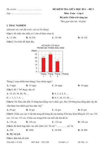 Đề kiểm tra giữa học kì 1 môn Toán Lớp 4 Sách Chân trời sáng tạo - Đề số 5 (Có đáp án)