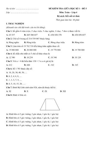 Đề kiểm tra giữa học kì 1 môn Toán Lớp 4 Sách Kết nối tri thức với cuộc sống - Đề số 5 (Có đáp án)