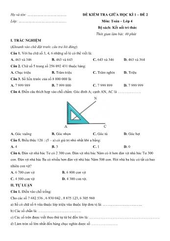 Đề kiểm tra giữa học kì 1 môn Toán Lớp 4 Sách Kết nối tri thức với cuộc sống - Đề số 2 (Có đáp án)