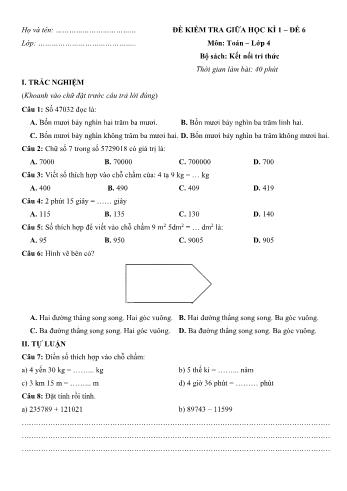 Đề kiểm tra giữa học kì 1 môn Toán Lớp 4 Sách Kết nối tri thức với cuộc sống - Đề số 6 (Có đáp án)