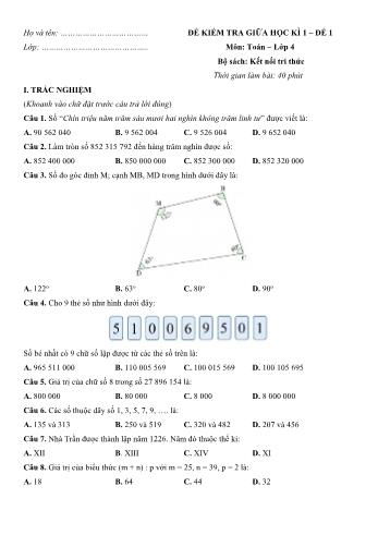 Đề kiểm tra giữa học kì 1 môn Toán Lớp 4 Sách Kết nối tri thức với cuộc sống - Đề số 1 (Có đáp án)