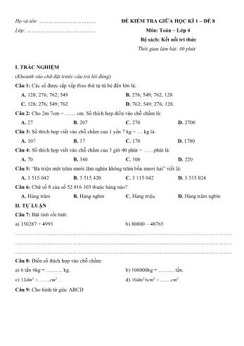 Đề kiểm tra giữa học kì 1 môn Toán Lớp 4 Sách Kết nối tri thức với cuộc sống - Đề số 8 (Có đáp án)